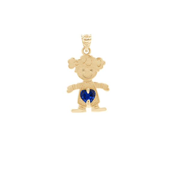 Yellow Gold Girl Heart Blue Sapphire Birthstone Pendant