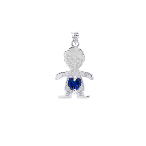 925 Sterling Silver Boy Heart Blue Sapphire Birthstone Pendant
