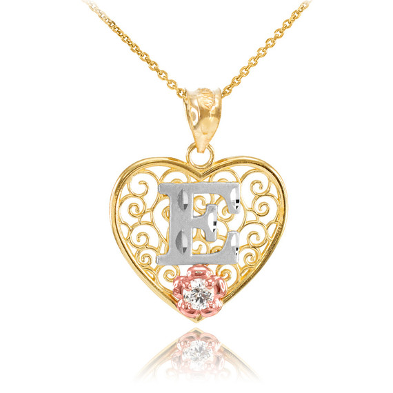 Gold "A-Z" Filigree Design Heart Roman Initial CZ Pendant Necklace