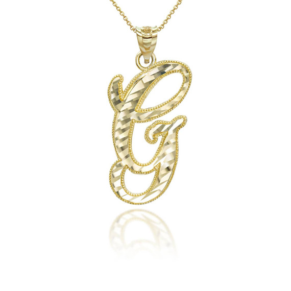 Yellow Gold "A-Z" Diamond Cut Cursive Initial  Pendant Necklace