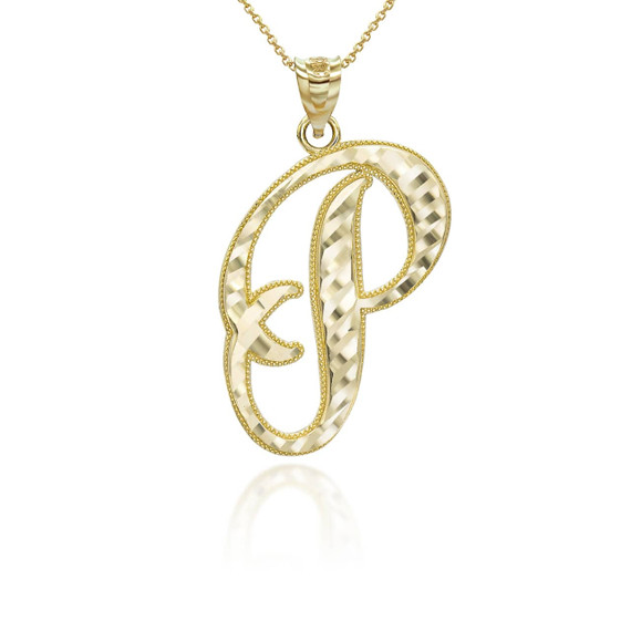 Gold "A-Z" Diamond Cut Cursive Initial  Pendant Necklace(Available in Yellow/Rose/White Gold)