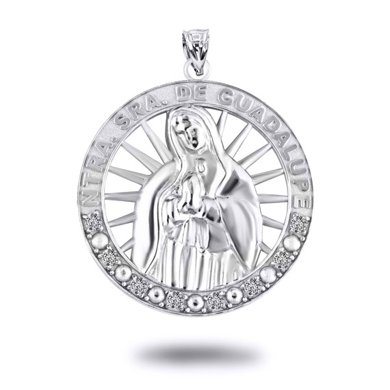 White Gold Illuminated Our Lady of Guadalupe CZ Pendant