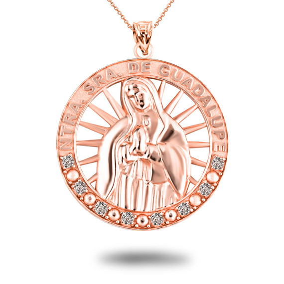 Rose Gold Illuminated Our Lady of Guadalupe CZ Pendant Necklace