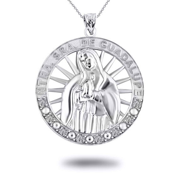 White Gold Illuminated Our Lady of Guadalupe CZ Pendant Necklace