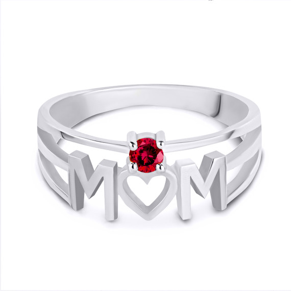 White Gold Personalized Mom Heart 1 Birthstone Mother's Ring