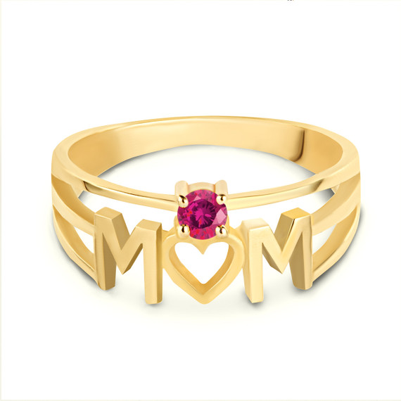 Yellow Gold Personalized Mom Heart Ruby Birthstone Mother's Ring