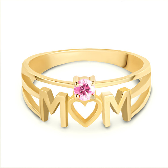 Yellow Gold Personalized Mom Heart Pink CZ Birthstone Mother's Ring