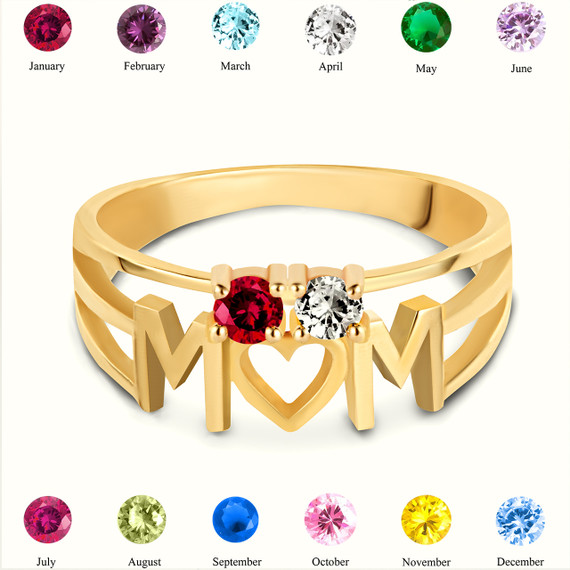 Gold Personalized Mom Heart 2 Birthstones Mother's Ring