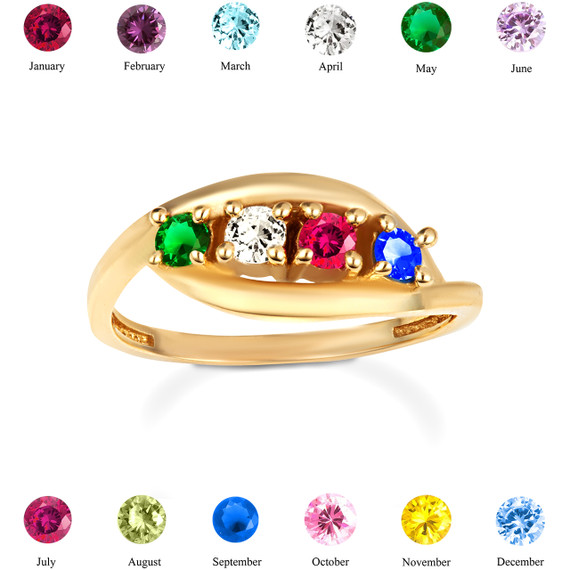 Gold Personalized Lab Created Four Birthstone Wavy Band Ring