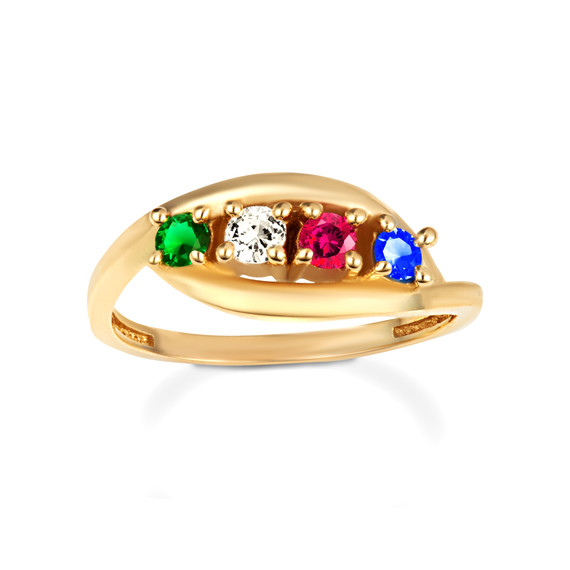 Yellow Gold Personalized Lab Created Four Birthstone Wavy Band Ring
