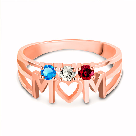 Rose Gold Personalized Mom Heart 3 Birthstones Mother's Ring
