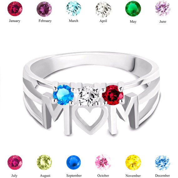 Silver Personalized Mom Heart 3 Birthstones Mother's Ring