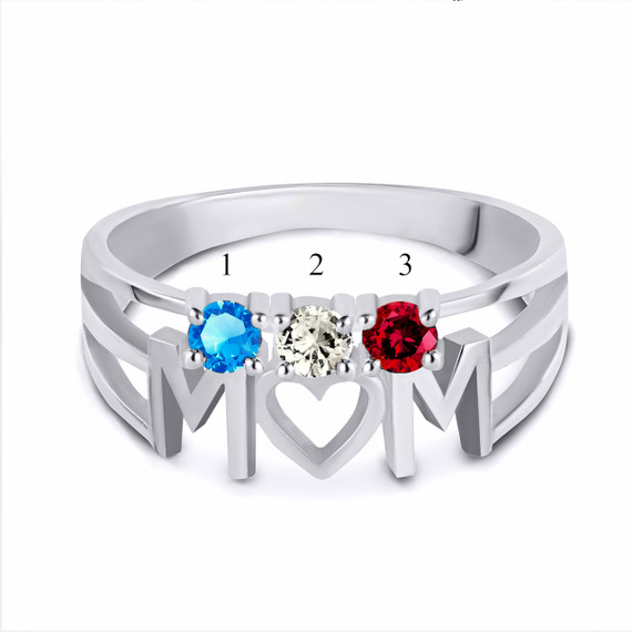 Silver Personalized Mom Heart 3 Birthstones Mother's Ring