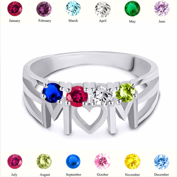 Silver Personalized Mom Heart 4 Birthstones Mother's Ring