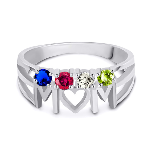 Silver Personalized Mom Heart 4 Birthstones Mother's Ring