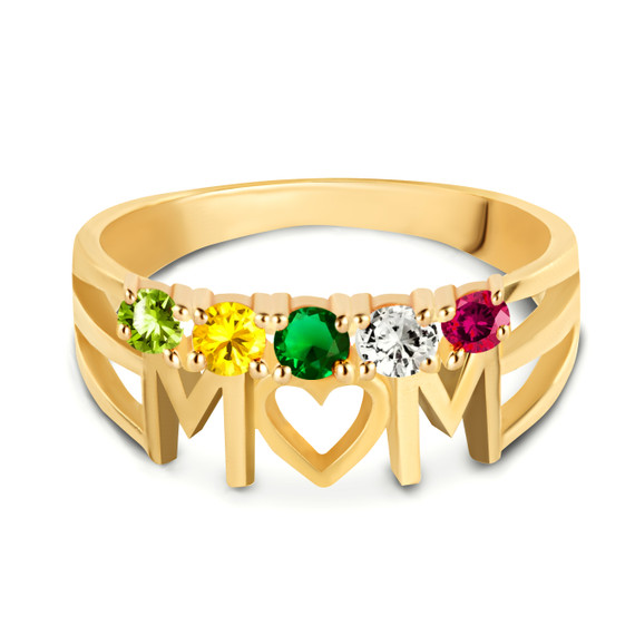 Gold Personalized Mom Heart 5 Birthstones Mother's Ring
