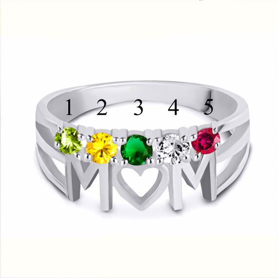 Silver Personalized Mom Heart 5 Birthstones Mother's Ring