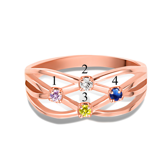 Gold Personalized 4 Birthstone Cross Over Ring (Available in Yellow/Rose/White Gold)