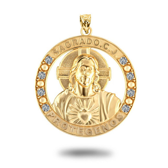 Gold Religious Jesus CZ Medallion Pendant Necklace (Available in Yellow/Rose/White Gold)