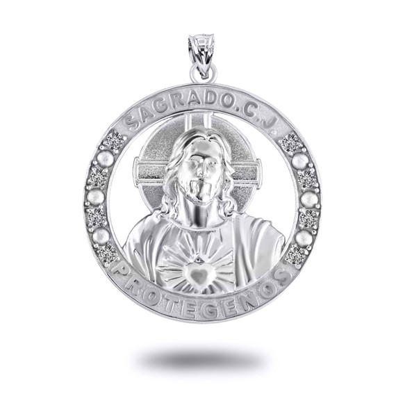 Silver Religious Jesus CZ Medallion Pendant