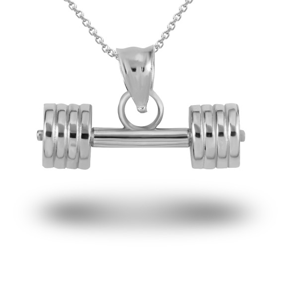 White Gold Barbell Weightlifting Fitness Gym Pendant Necklace