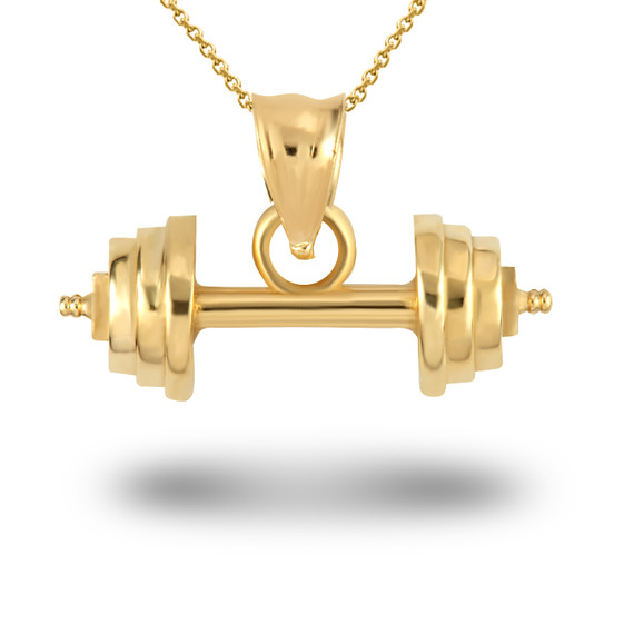 Yellow Gold Barbell Weightlifting Fitness Pendant Necklace