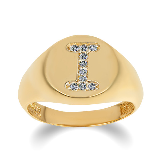 Yellow Gold "I" Diamond Initial Signet Rings