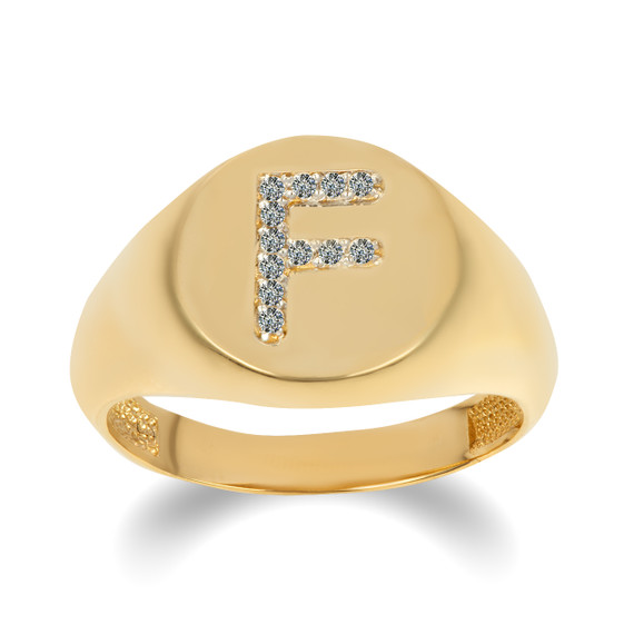 Yellow Gold "F" Diamond Initial Signet Rings