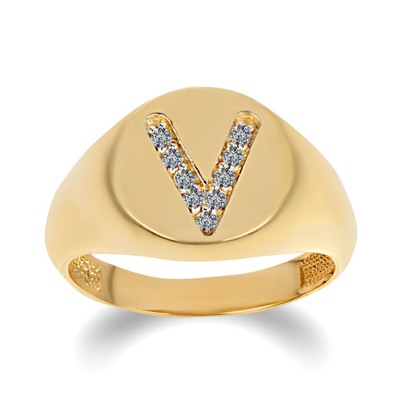 Yellow Gold "V" Diamond Initial Signet Rings