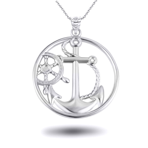 White Gold Nautical Anchor Rope and Helm Mariner Circle Pendant Necklace