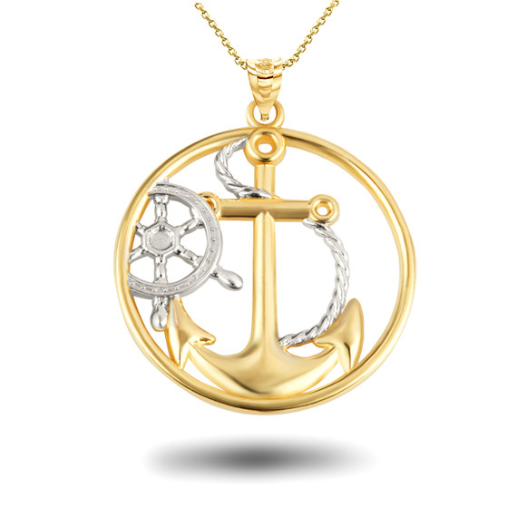 Gold Nautical Anchor Rope and Helm Mariner Circle Pendant Necklace