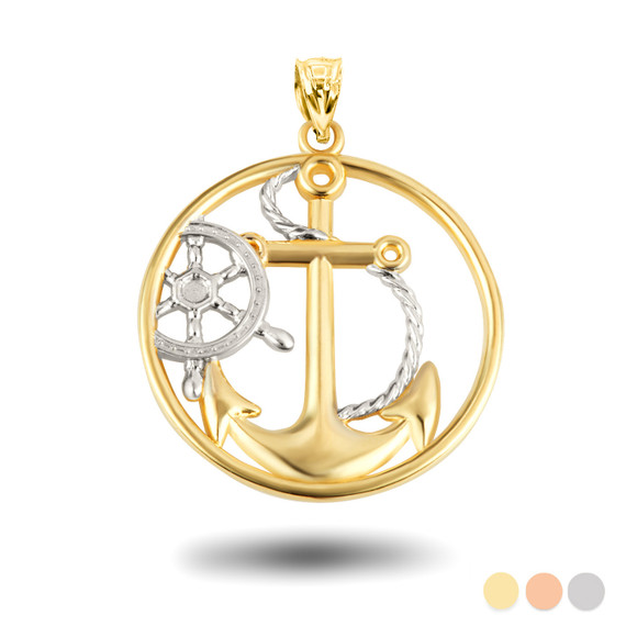 Gold Nautical Anchor Rope and Helm Mariner Circle Pendant