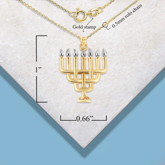 Two Tone Gold Jewish Menorah Pendant Necklace with measurement