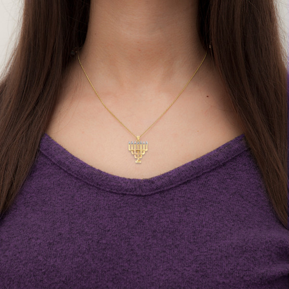 Two Tone Gold Jewish Menorah Pendant Necklace on female model