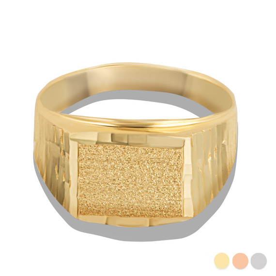 Yellow Gold Diamond Cut Double Textured Signet Ring