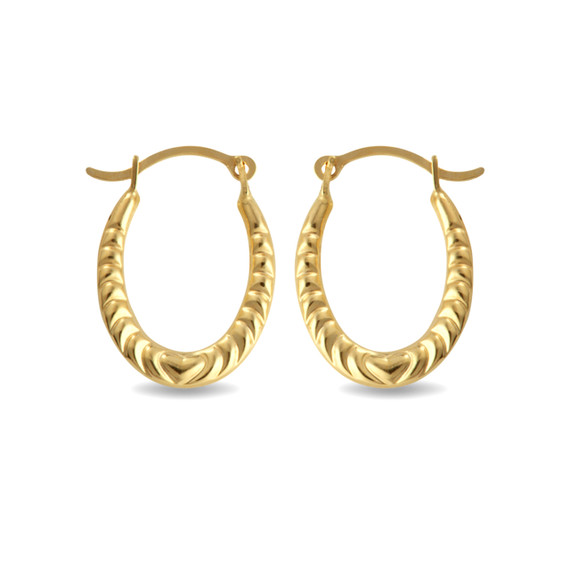 14K Yellow Gold Textured Heart Reversible Oval Hoop Earrings