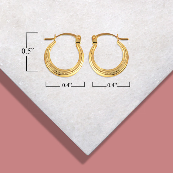 14K Yellow Gold Beaded Reversible Hoop Earrings with measurements