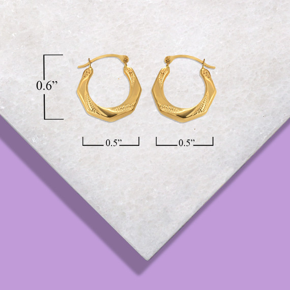 14K Yellow Gold 14k Beaded & Solid Octagon Reversible Hoop Earrings with measurements
