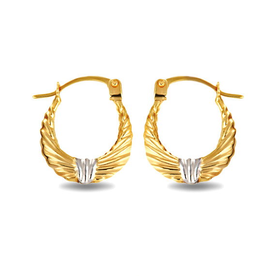 Two-Tone Yellow/White Gold Ribbed Hoop Earrings