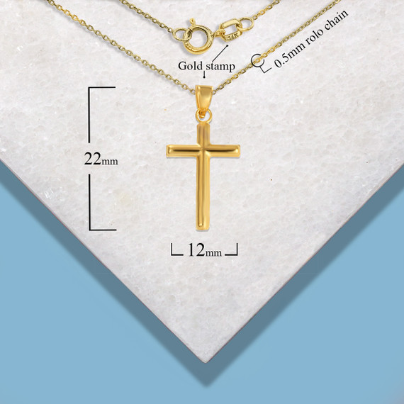 14K Yellow Gold Small Cross Reversible Pendant Necklace with Measurements