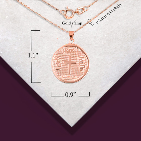 Rose Gold "Love, Hope, Faith" Script Hammered Coin Medallion Pendant Necklace with Measurement