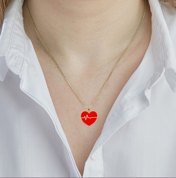 Yellow Gold Enamel Heartbeat Pendant Necklace on Female Model