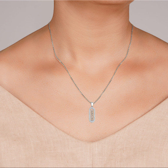 Silver Oval CZ Jesus Name Pendant Necklace on Female Model