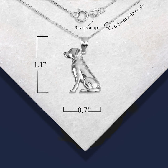 .925 Silver Labrador Retriever Sitting Pet Dog Pendant Necklace with measurement.