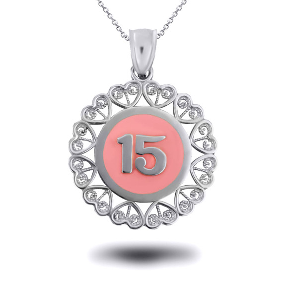 White Gold 15 Anos Quinceanera Pink Enamel Heart Filigree Pendant Necklace