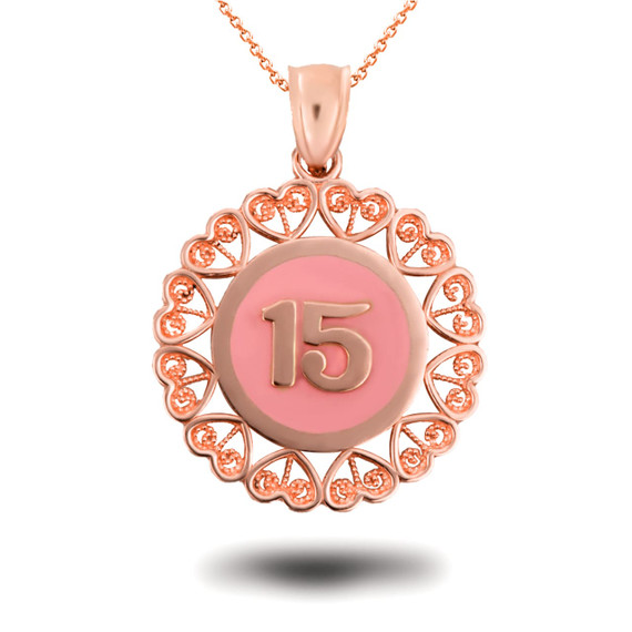 Rose Gold 15 Anos Quinceanera Pink Enamel Heart Filigree Pendant Necklace