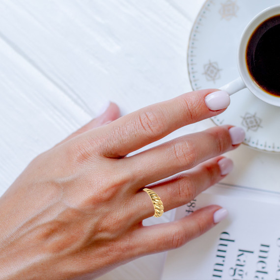 Yellow Gold Dome Croissant Ring (5mm) on female model