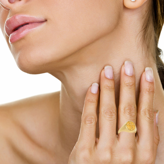 Yellow Gold Religious Cross Textured Signet Ring on female model