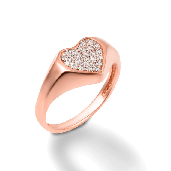 Rose Gold Stone Heart with CZ Love Signet Ring