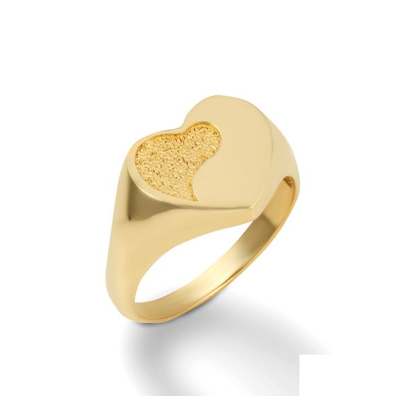 Gold Textured Chinese Yin & Yang Heart Tai Chi Love Textured Signet Ring (Available in Yellow/Rose/White Gold)